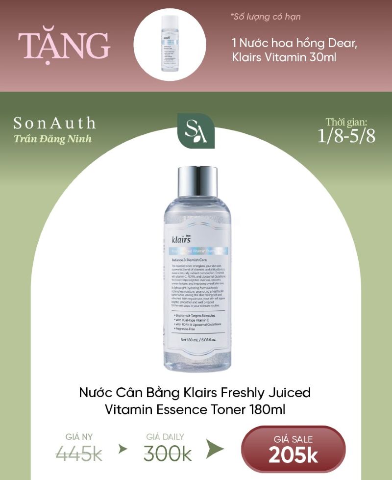 Nước Cân Bằng Sáng Da Klairs Freshly Juiced Vitamin Essence Toner 180ml
