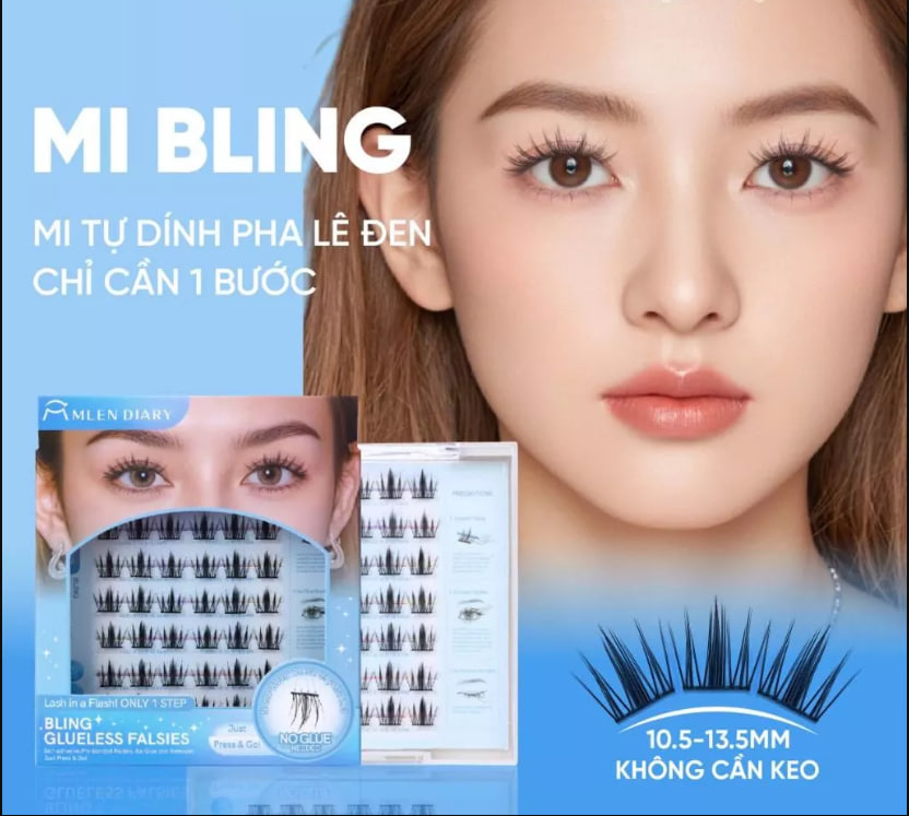 Mi Giả Tự Dính pha lê đen Mlen Diary Bling Glueless Falsies
