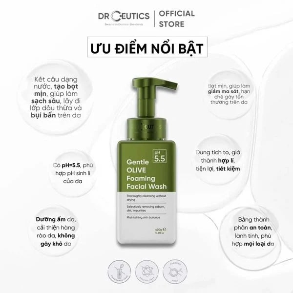 Bọt Rửa Mặt DrCeutics Gentle Olive Foaming Facial Wash 420g