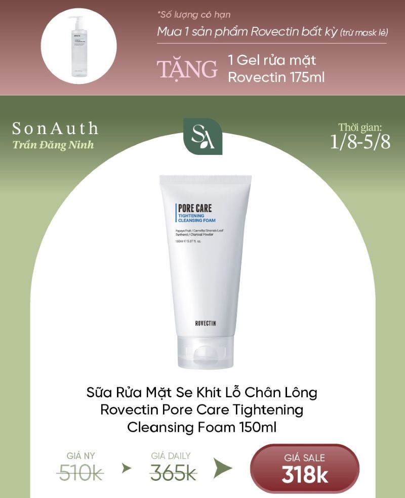 Sữa Rửa Mặt Se Khít Lỗ Chân Lông Rovectin Pore Care Tightening Cleansing Foam 150ml