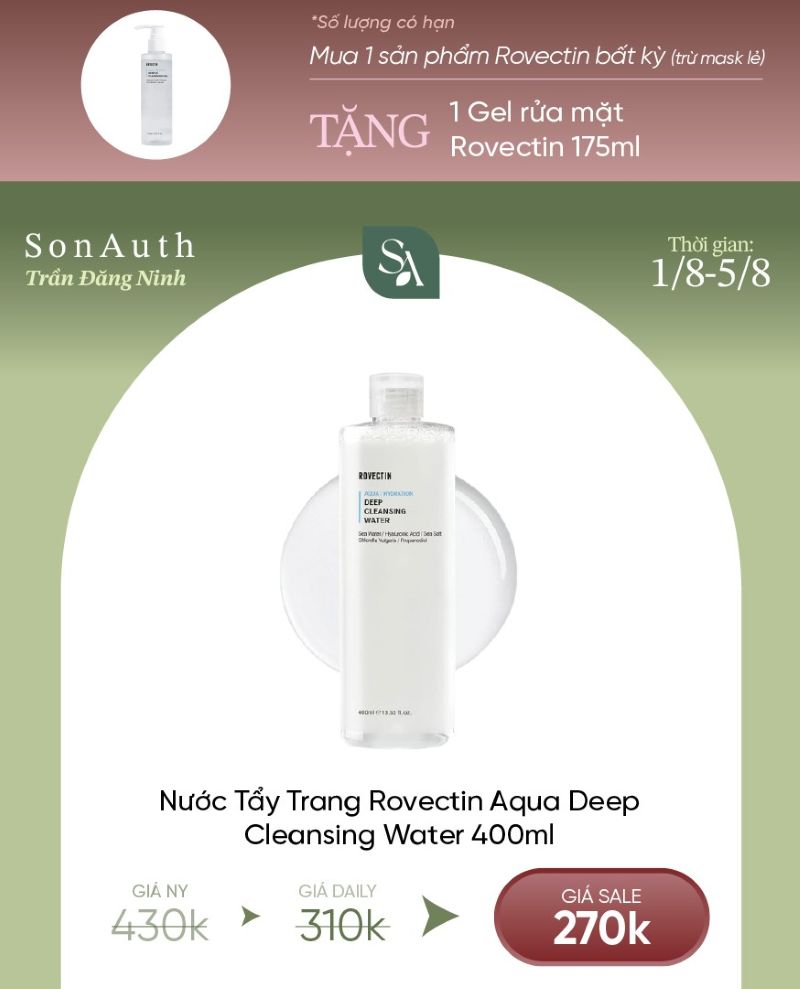 Tẩy Trang Dưỡng Ẩm Rovectin Aqua Deep Cleansing Water 400ml