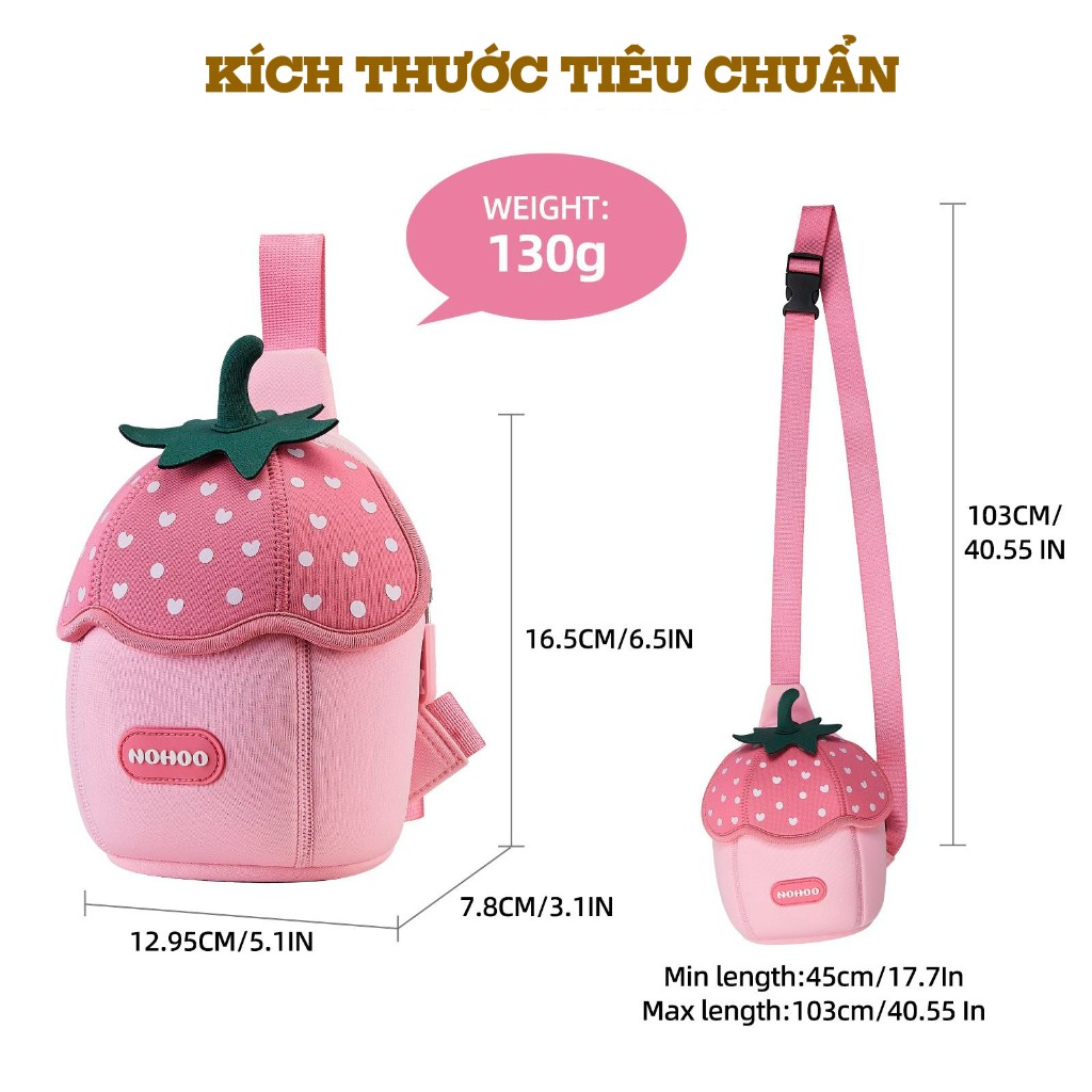 Túi đeo chéo, túi đeo vai trái dâu màu hồng Nohoo cho bé, túi mini dễ thương, nhẹ, phù hợp bé đi chơi hằng ngày