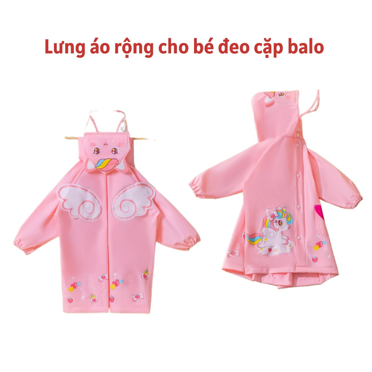 Áo mưa trẻ em chống nước cao cấp có khoá kéo, Nhà sách Tom, áo mưa cho bé thiết kế đeo balo được