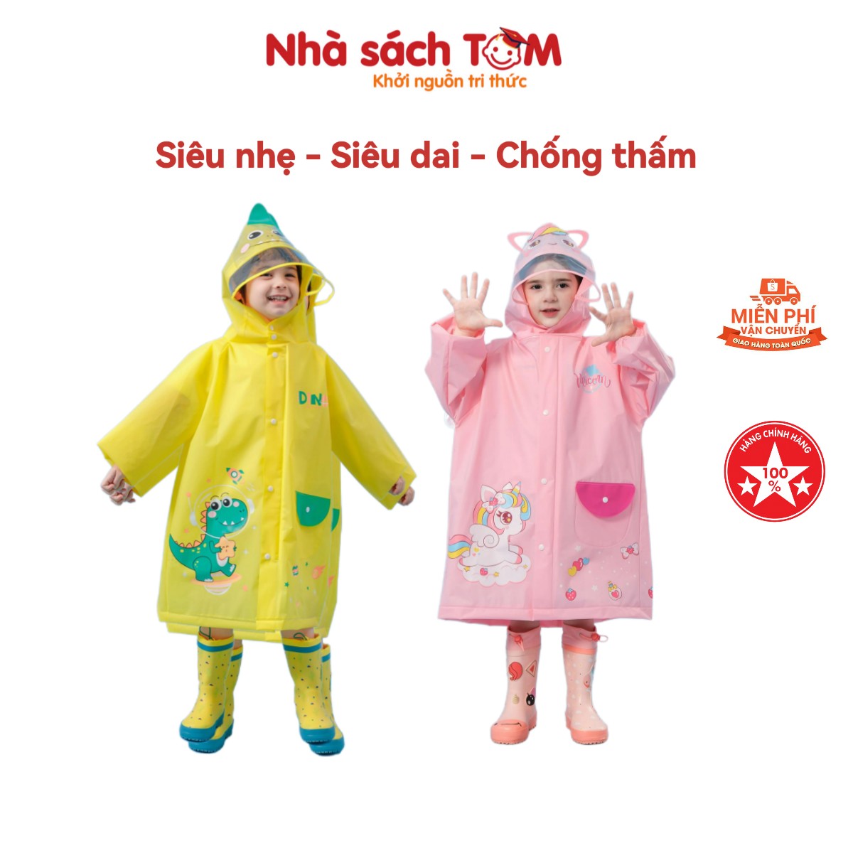 Áo mưa trẻ em chống nước cao cấp có khoá kéo, Nhà sách Tom, áo mưa cho bé thiết kế đeo balo được