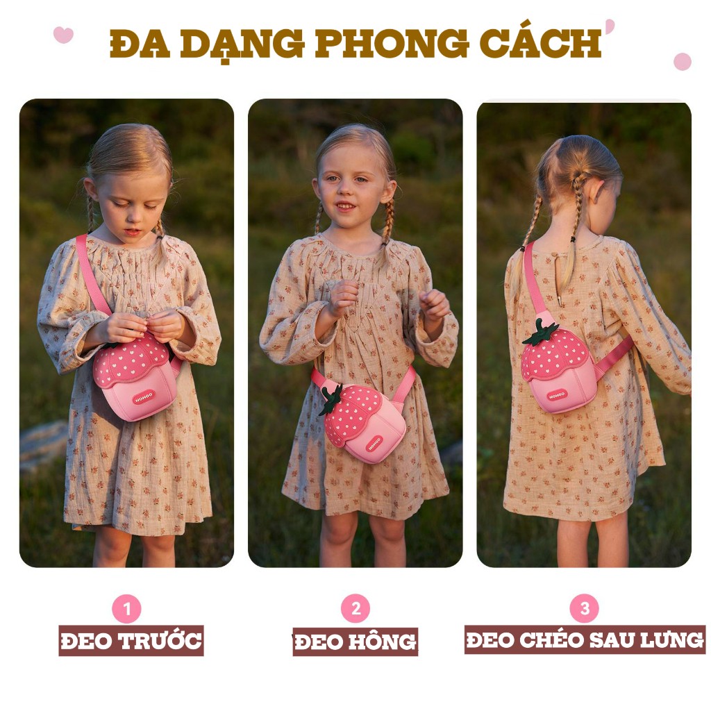 Túi đeo chéo, túi đeo vai trái dâu màu hồng Nohoo cho bé, túi mini dễ thương, nhẹ, phù hợp bé đi chơi hằng ngày