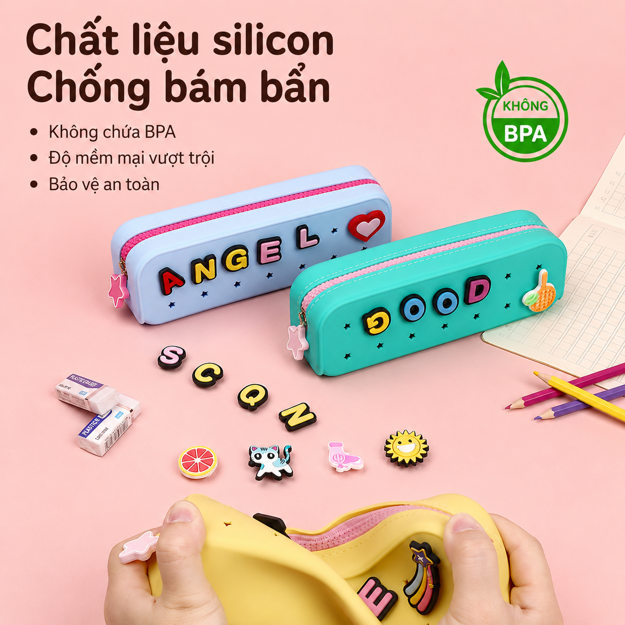 Hộp Bút Đa Năng Silicone Chống Thấm Nước Cho Học Sinh hộp bút Bền Đẹp, Dễ Vệ Sinh NV-25017-01 KIMCHI KIDS