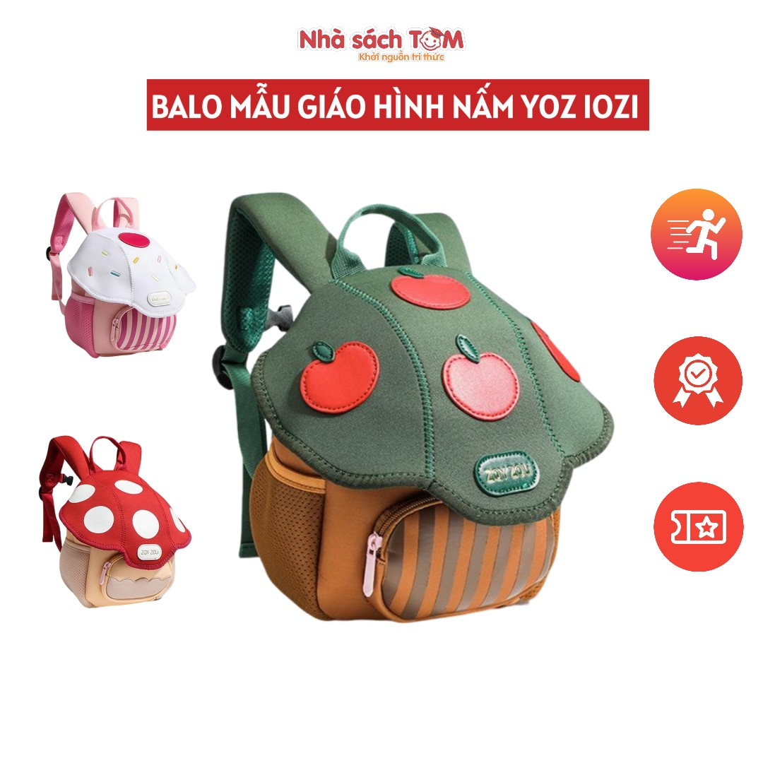 Balo mẫu giáo hình nấm Yoz iozi siêu nhẹ 250g, chống nước thiết kế ôm lưng, khóa ngực chữ H an toàn cho bé