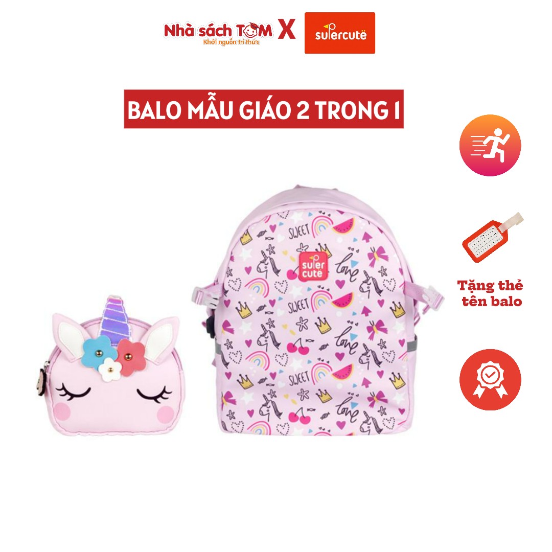 Balo mẫu giáo Supercute 2 trong 1 kết hợp túi đeo chéo ngộ nghĩnh cho bé, balo mầm non siêu nhẹ, chống nước, kiểu dáng đáng yêu  SF157