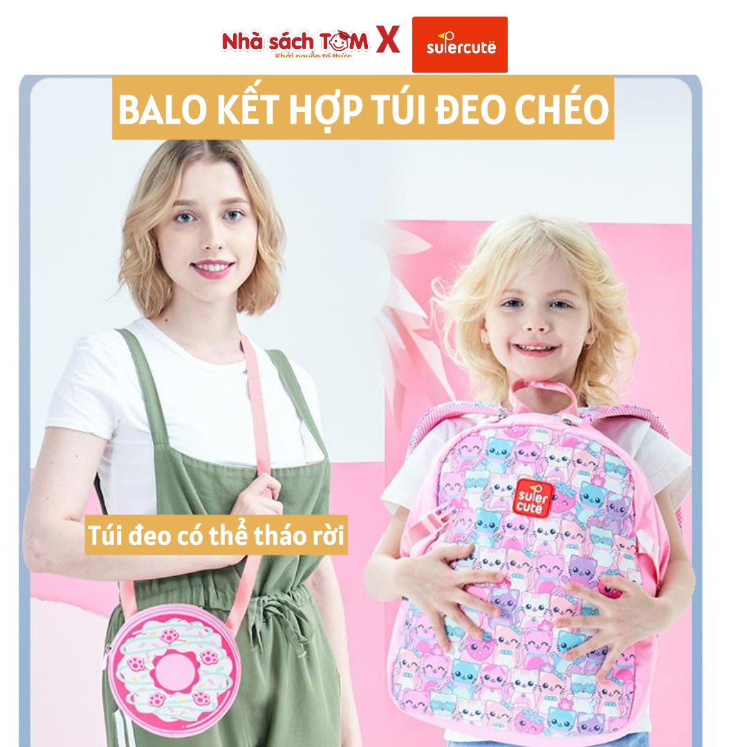 Balo mẫu giáo Supercute 2 trong 1 kết hợp túi đeo chéo ngộ nghĩnh cho bé, balo mầm non siêu nhẹ, chống nước, kiểu dáng đáng yêu  SF157