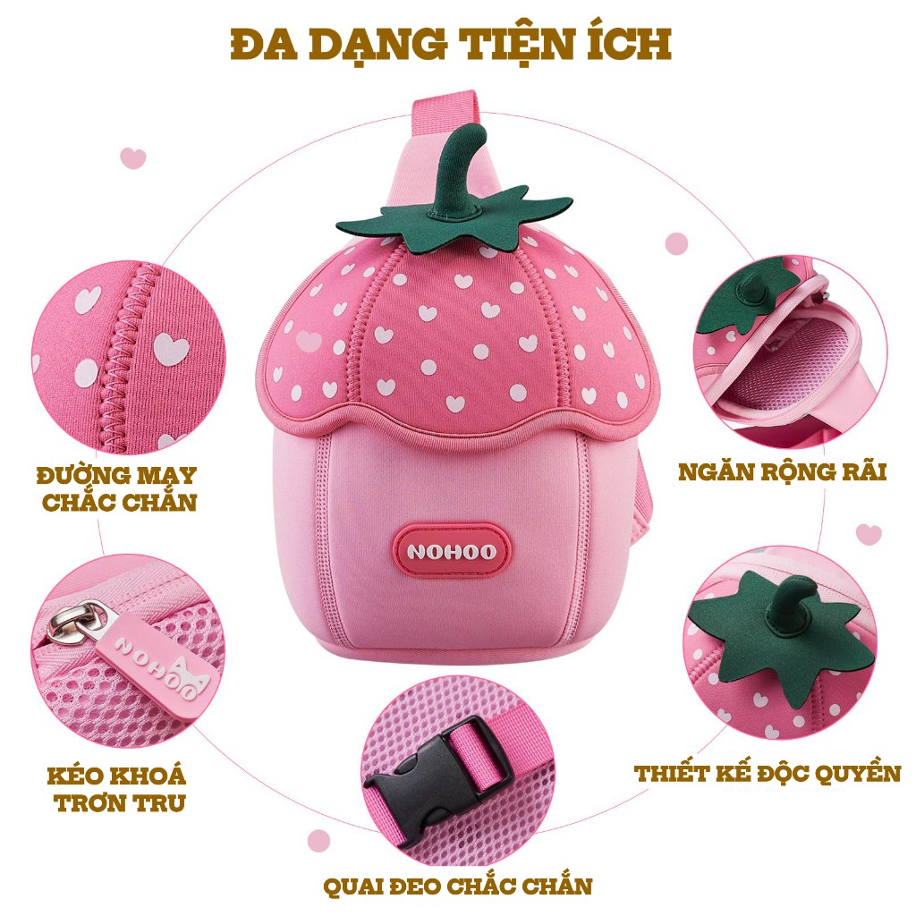 Túi đeo chéo, túi đeo vai trái dâu màu hồng Nohoo cho bé, túi mini dễ thương, nhẹ, phù hợp bé đi chơi hằng ngày