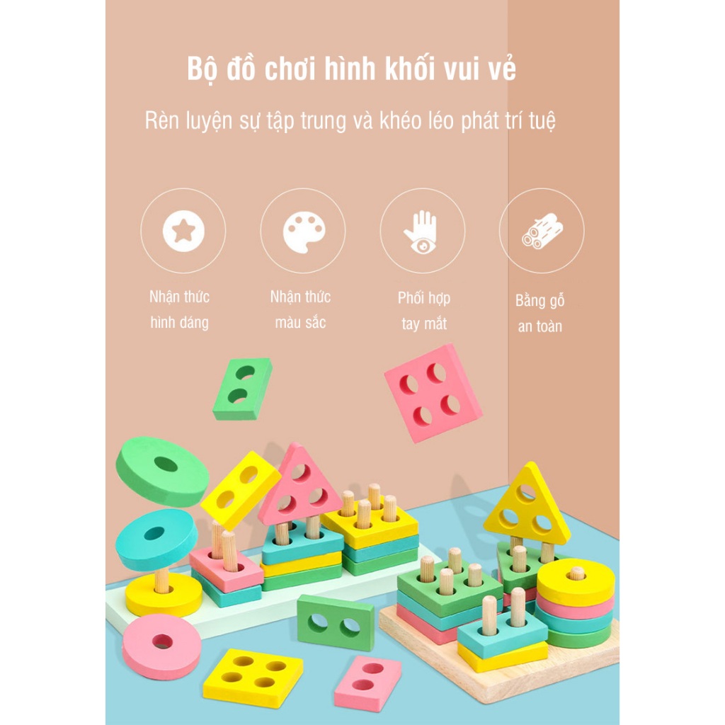 Đồ chơi giáo dục thông minh thả hình khối cọc gỗ, đồ chơi Montessori giúp bé phát triển trí tuệ