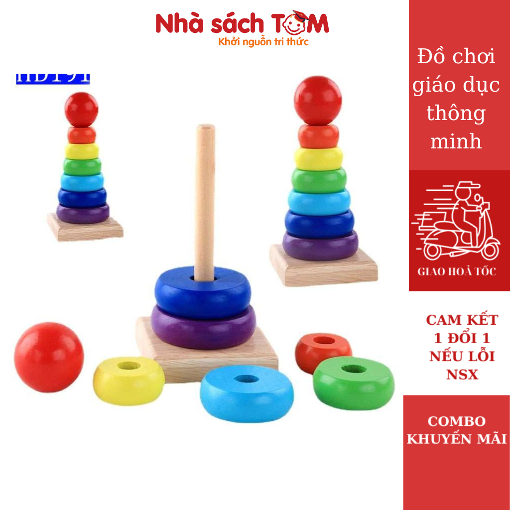 Đồ chơi giáo dục thông minh, tháp cầu vồng bằng gỗ, đồ chơi Montessori giúp bé phát triển trí tuệ