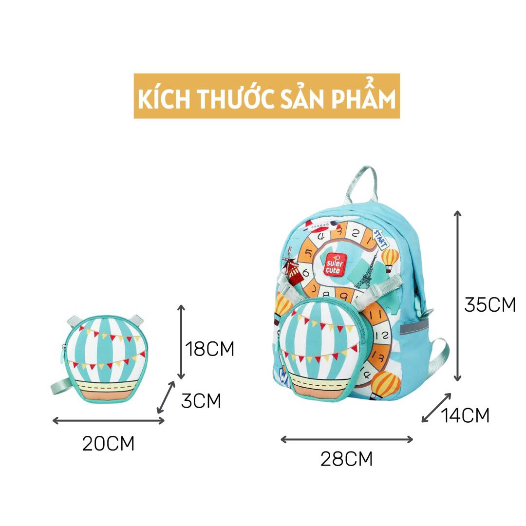 Balo mẫu giáo Supercute 2 trong 1 kết hợp túi đeo chéo ngộ nghĩnh cho bé, balo mầm non siêu nhẹ, chống nước, kiểu dáng đáng yêu  SF169