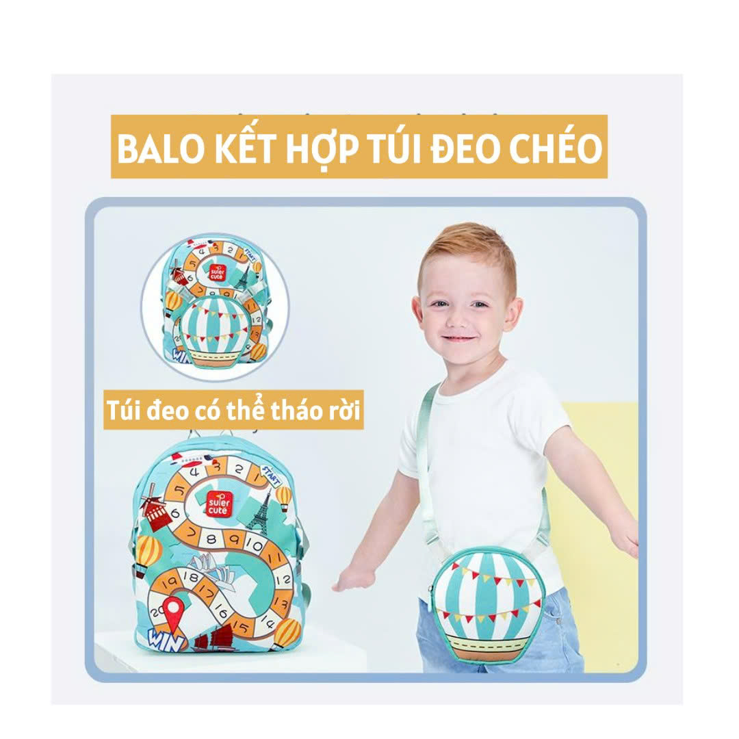 Balo mẫu giáo Supercute 2 trong 1 kết hợp túi đeo chéo ngộ nghĩnh cho bé, balo mầm non siêu nhẹ, chống nước, kiểu dáng đáng yêu  SF169