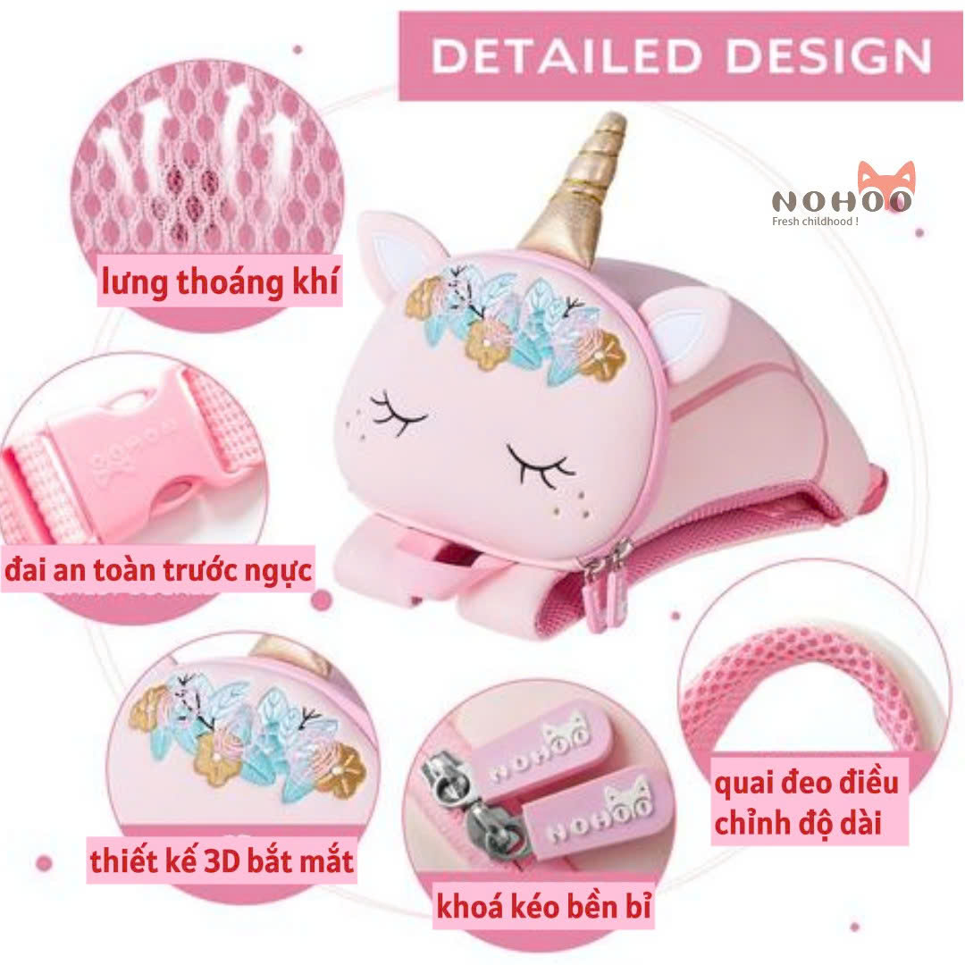 Balo mẫu giáo chống lạc Nohoo chính hãng siêu nhẹ hình thú dễ thương cho bé từ 2-6 tuổi NHB051S