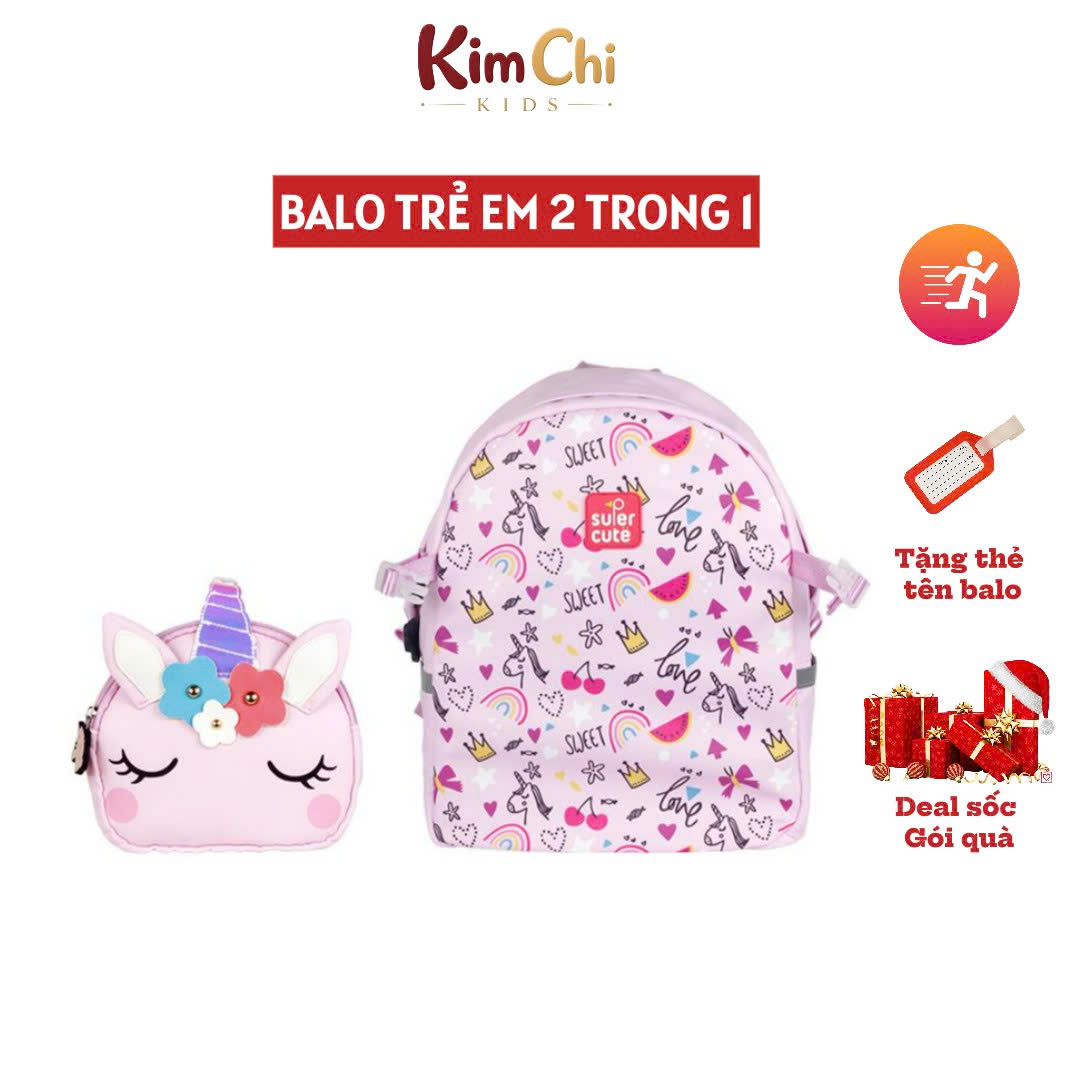 Balo mẫu giáo Supercute 2 trong 1 kết hợp túi đeo chéo ngộ nghĩnh cho bé, balo mầm non siêu nhẹ, chống nước, kiểu dáng đáng yêu  SF157