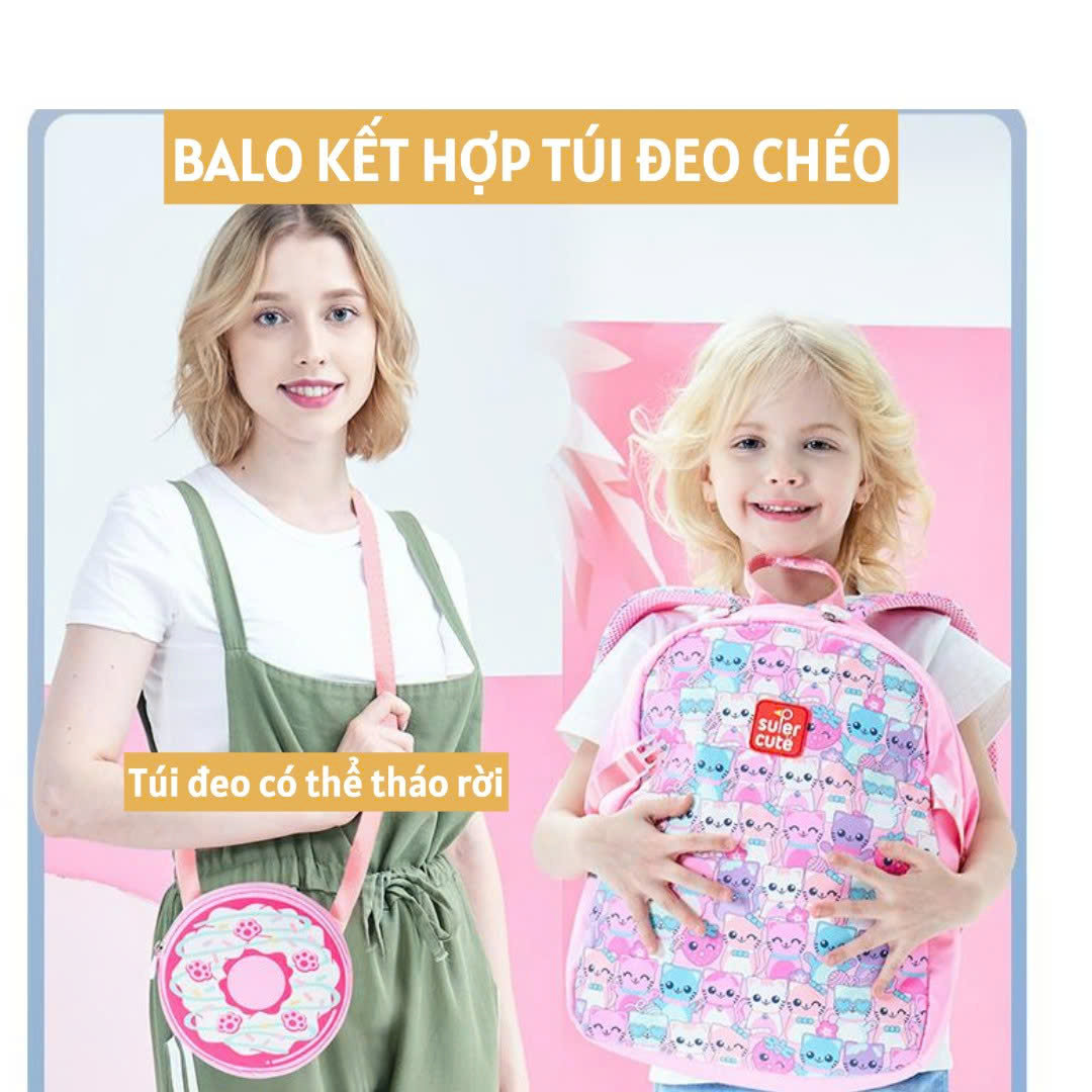 Balo mẫu giáo Supercute 2 trong 1 kết hợp túi đeo chéo ngộ nghĩnh cho bé, balo mầm non siêu nhẹ, chống nước, kiểu dáng đáng yêu  SF157