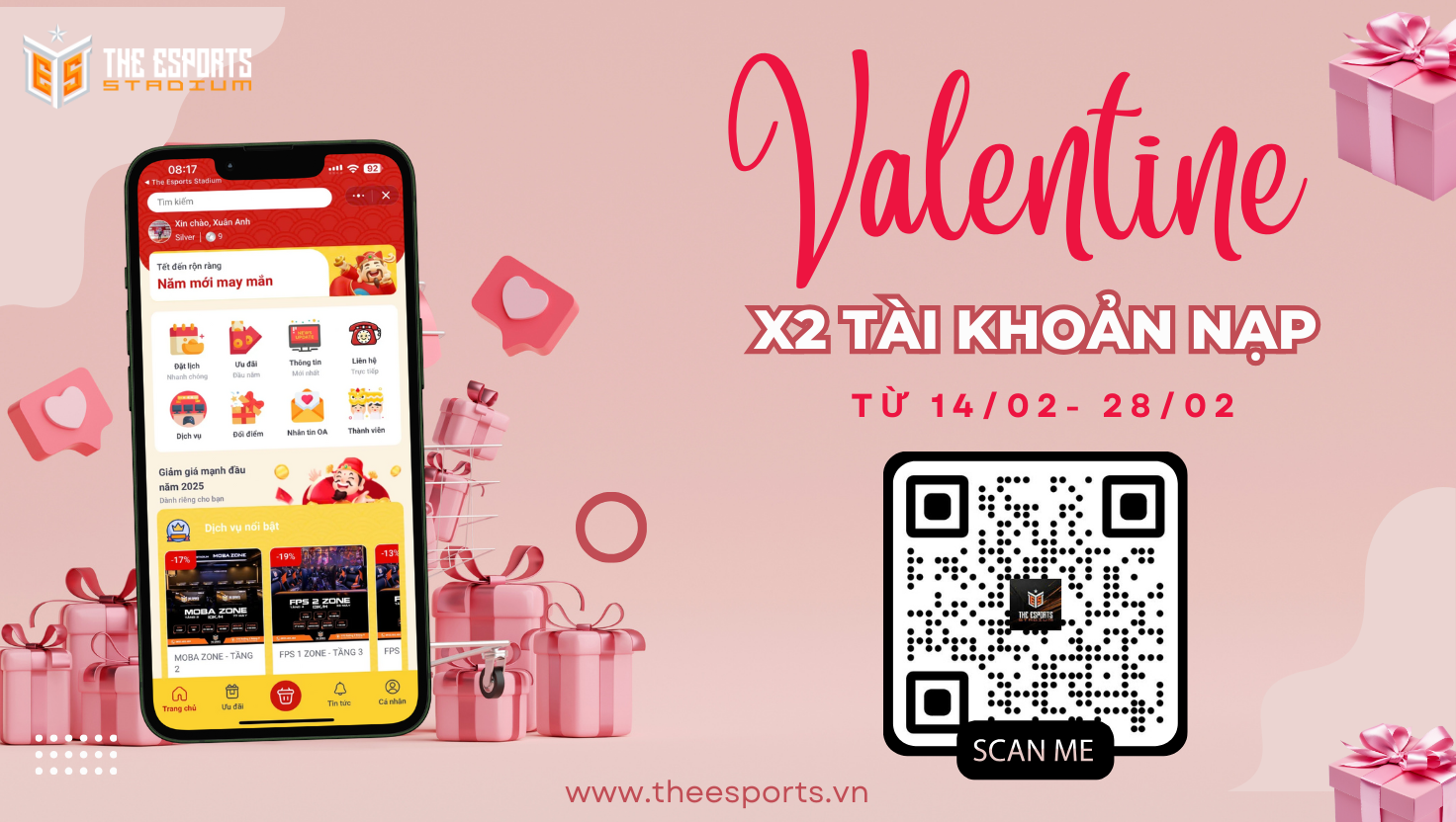 💖 Valentine Rực Lửa – X2 Tài Khoản Khi Nạp Tiền Tại The Esports Stadium! 🎮🔥