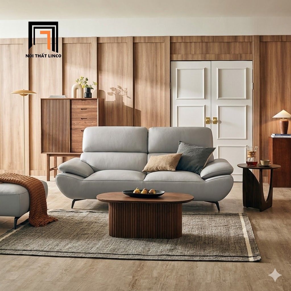 sofa băng da xám trắng gật gù