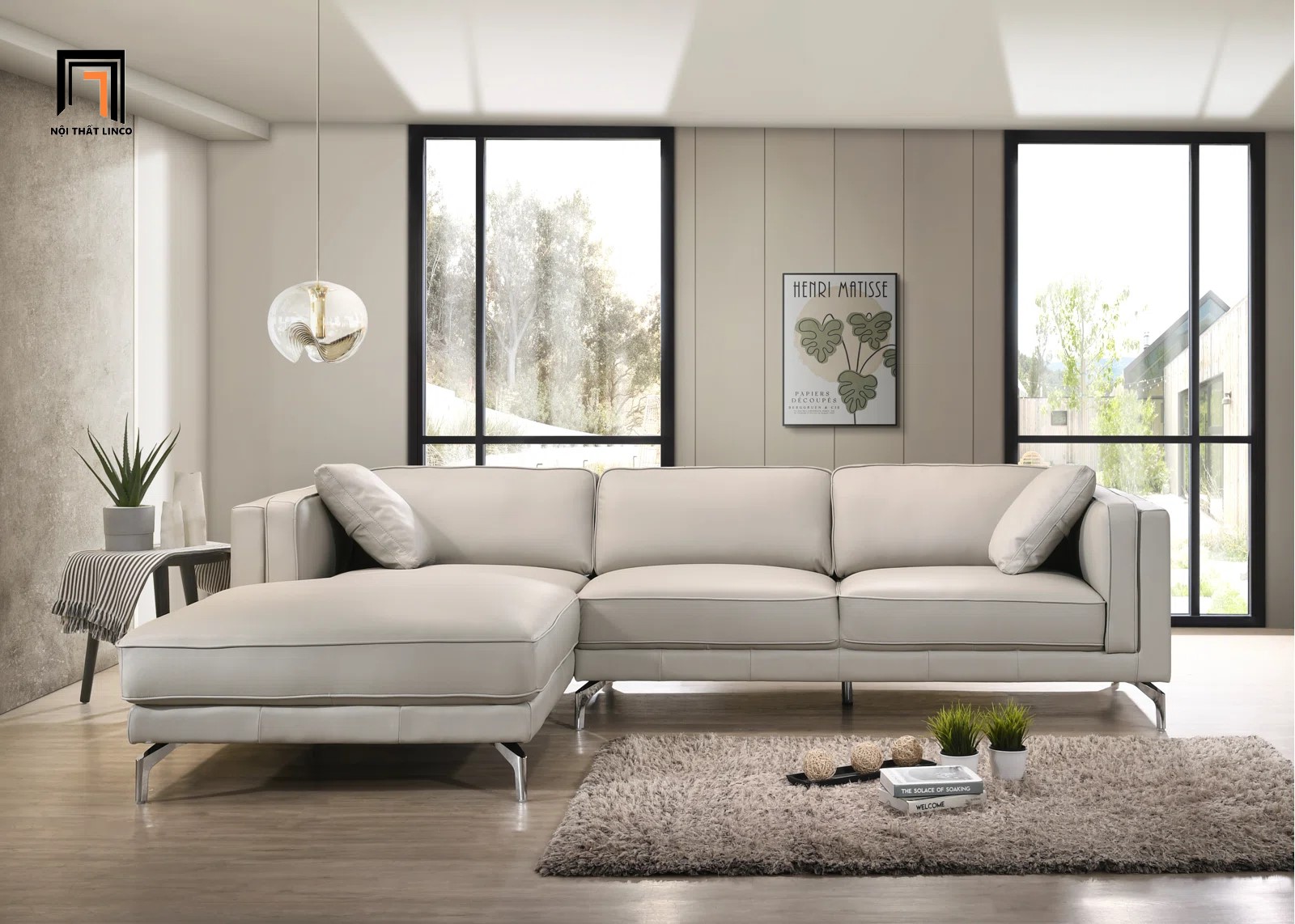 sofa góc da xám trắng