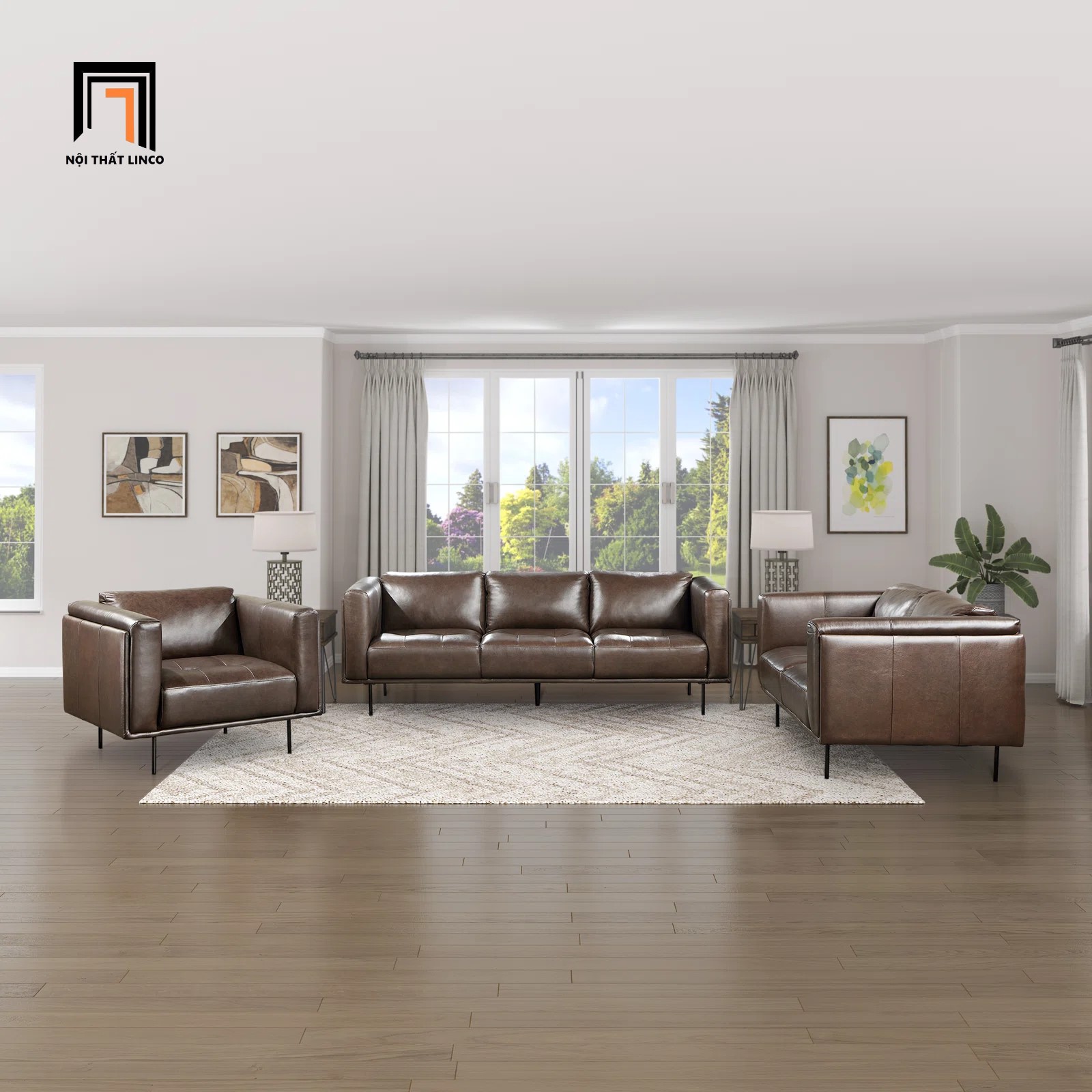 bộ ghế sofa da màu nâu
