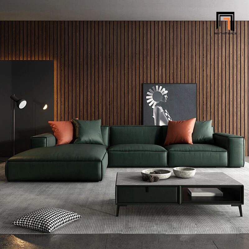 sofa góc da xanh lá