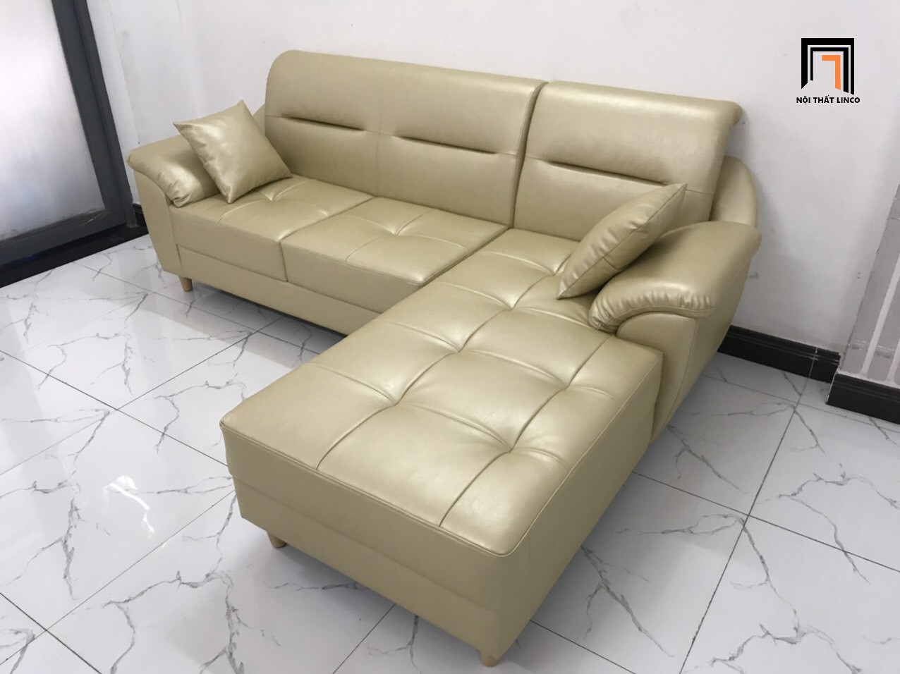 sofa góc da màu kem
