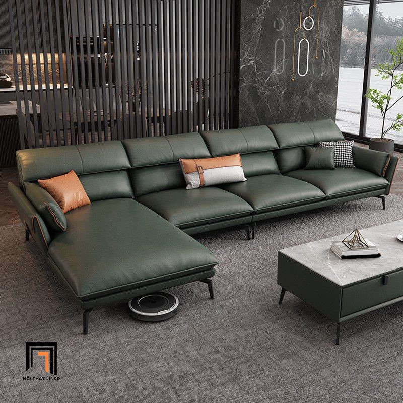 sofa góc da xanh lá