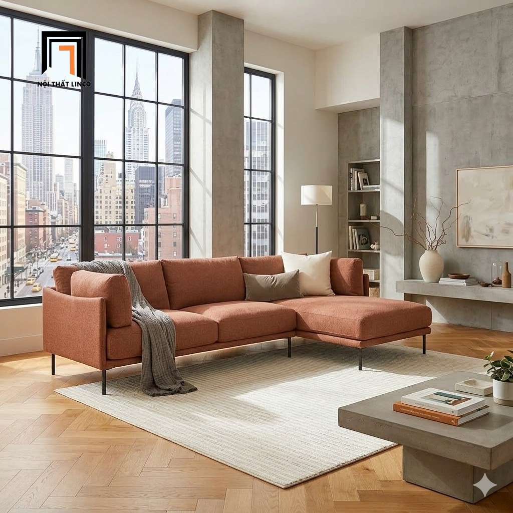 bộ ghế sofa góc vải nỉ màu cam