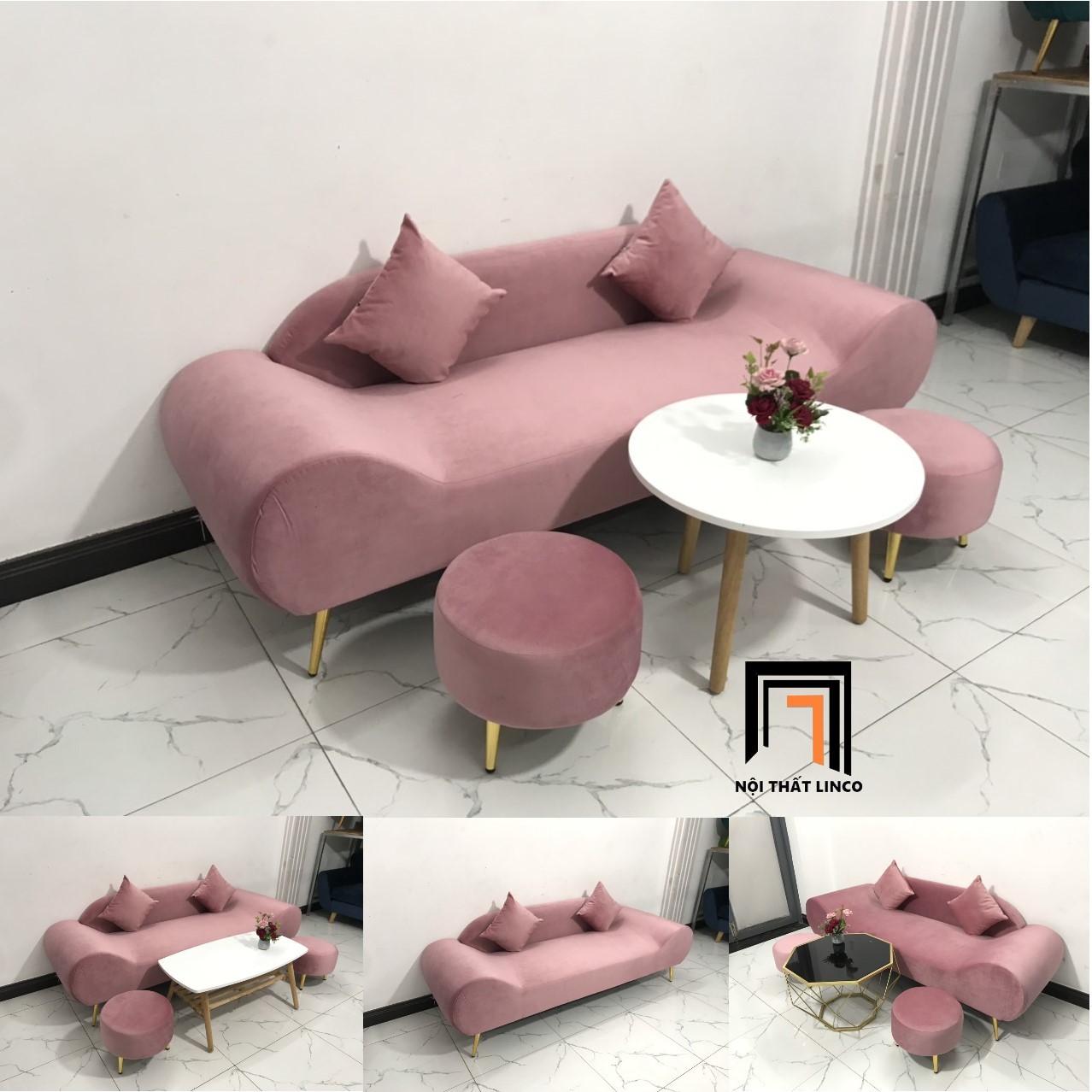 set ghế sofa màu hồng phấn