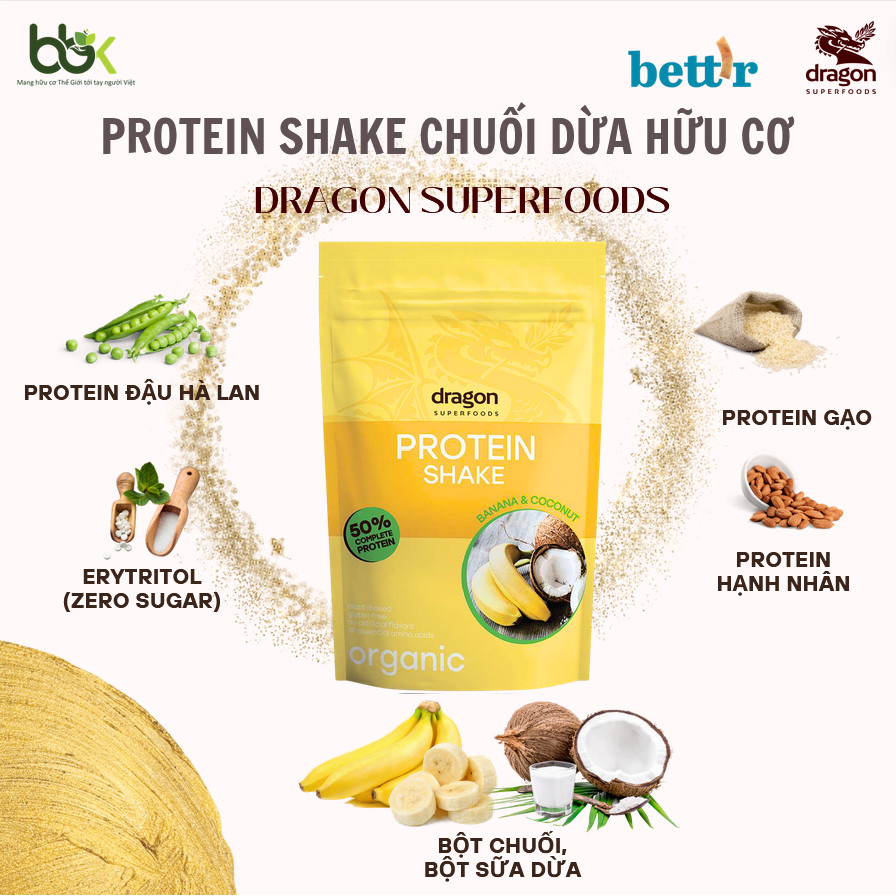 Protein shake chuối và dừa 450gr - Dragon Superfood