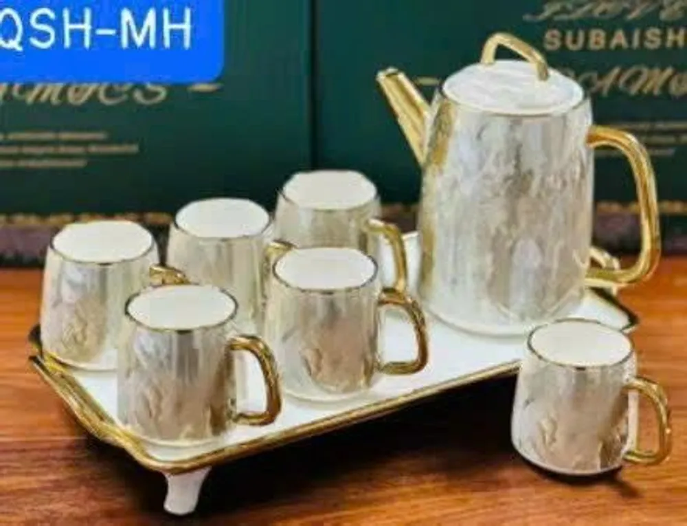 Bộ bình cốc uống trà sứ vân đá kèm khay kiểu Bắc Âu ( THÙNG 8B)