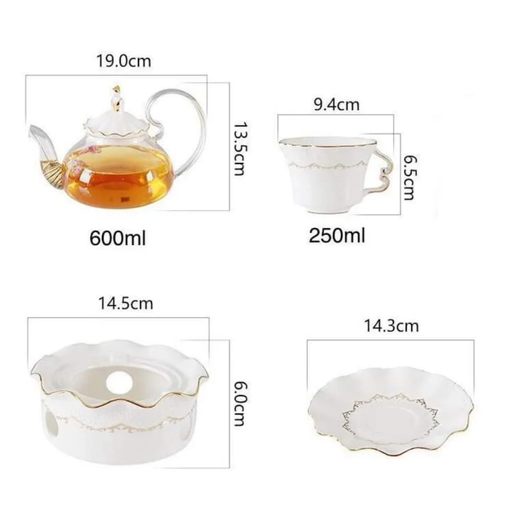 Bộ ấm trà cafe kèm đế đun nến bằng gốm sứ cao cấp phong cách Châu Âu