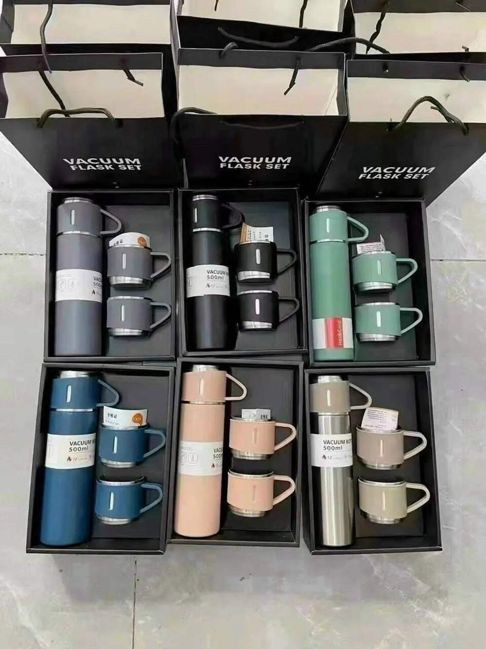 Bình Giữ Nhiệt Nóng Lạnh 500ml Kèm 2 Cốc Hôp Đựng Xịn Xò Chất Liệu Inox 304, Dung Tích