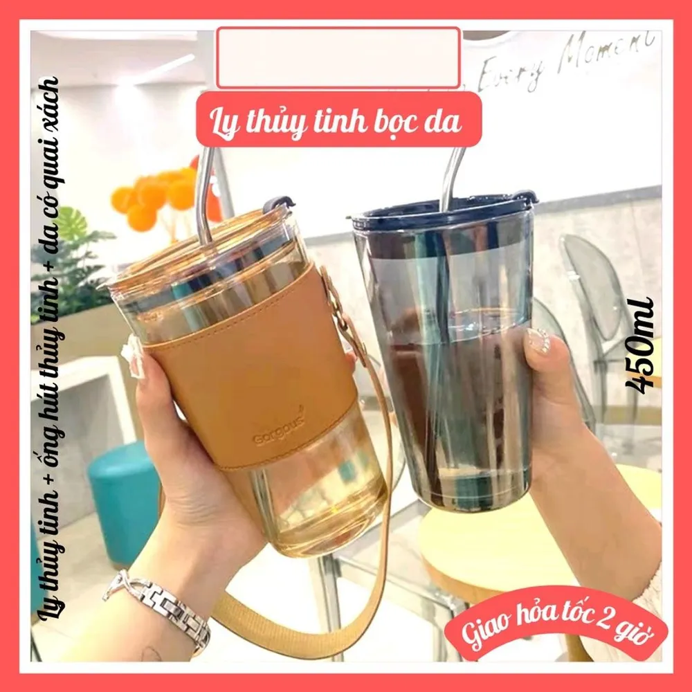 Cốc Bọc Da Có Dây Xách Kèm Ống Hút 500ml (THÙNG 58)