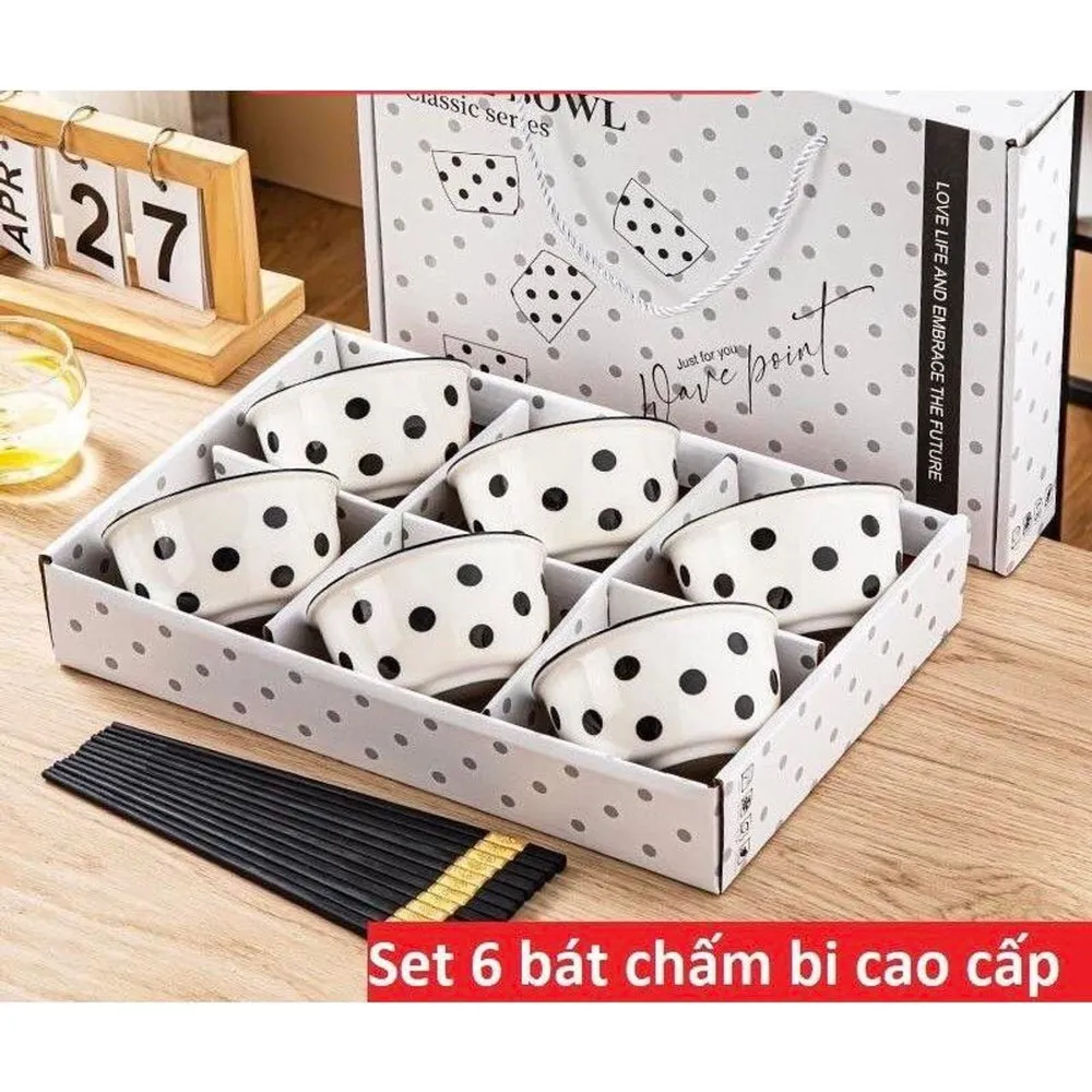 Bát Chấm Bi Trắng Đen – Bộ 6 Chén 6 Đũa (THUNG 20B)