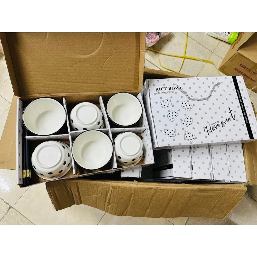 Bát Chấm Bi Trắng Đen – Bộ 6 Chén 6 Đũa (THUNG 20B)