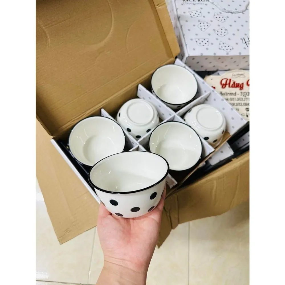 Bát Chấm Bi Trắng Đen – Bộ 6 Chén 6 Đũa (THUNG 20B)