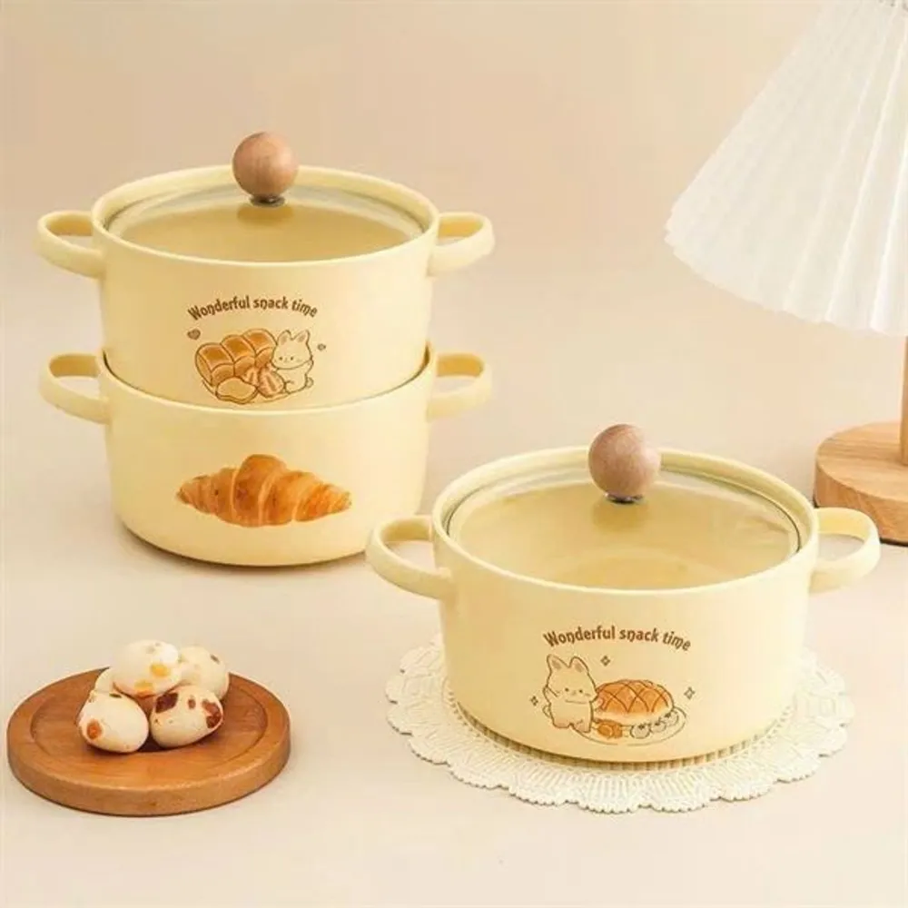 Âu Sứ Nồi Sứ Núm Gỗ Cute Vàng ( THÙNG 20C)