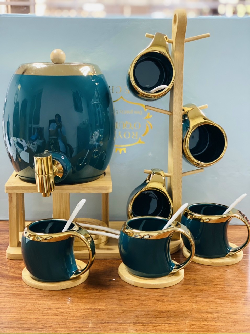 Bộ ấm chum cốc sứ kèm khay gỗ treo phong cách Bắc Âu 20 món