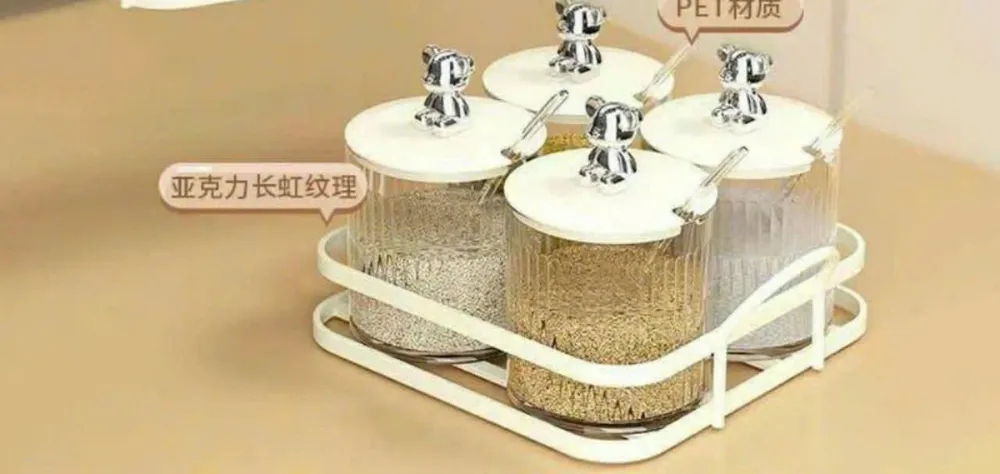 Set 4 hũ gia vị nắp hình gấu kèm khay kim loại dụng tiện dụng