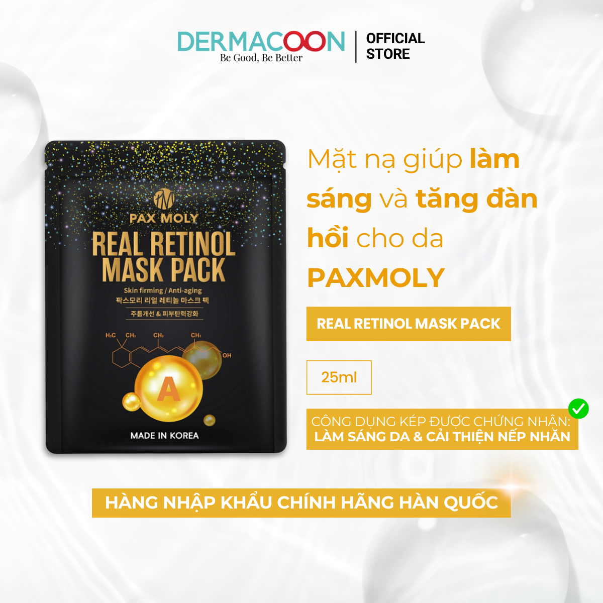 Mặt nạ dưỡng ẩm giúp tăng cường độ đàn hồi và giảm các dấu hiệu lão da PAX MOLY Real Retinol Mask Pack (Hộp 10 miếng)