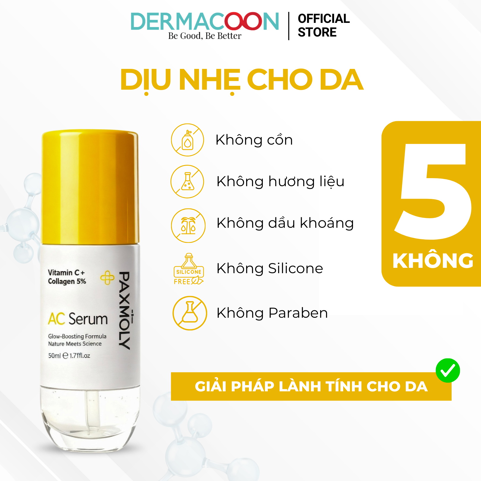 Tinh chất giúp dưỡng sáng và cải thiện độ đàn hồi da PAX MOLY Vitamin C + Collagen 5% AC Serum 50ml