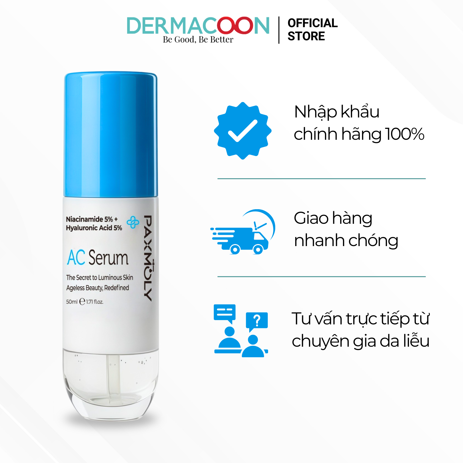 Tinh chất giúp dưỡng ẩm chuyên sâu và làm đều màu da PAX MOLY Niacinamide 5% + Hyaluronic Acid 5% AC Serum 50ml