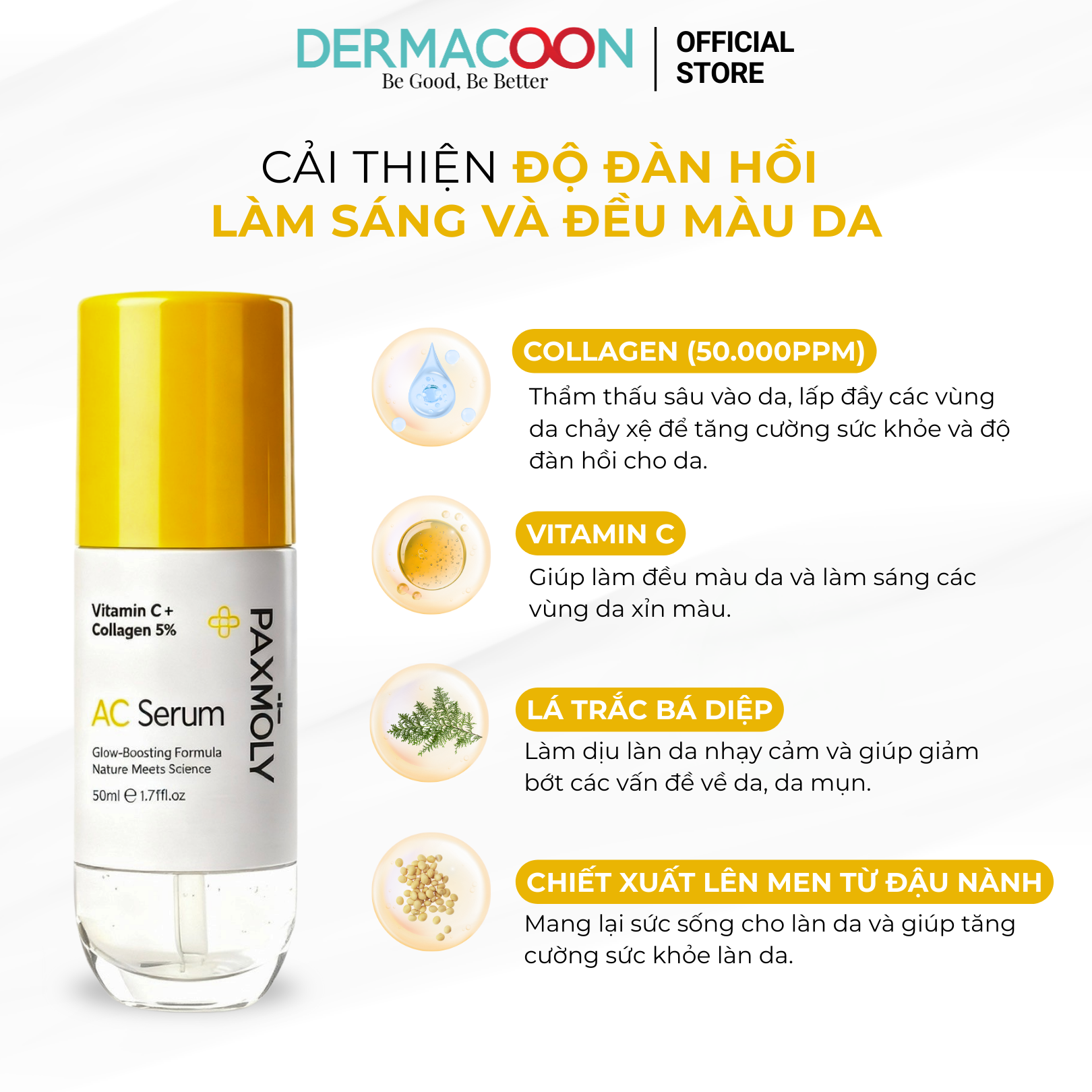 Tinh chất giúp dưỡng sáng và cải thiện độ đàn hồi da PAX MOLY Vitamin C + Collagen 5% AC Serum 50ml