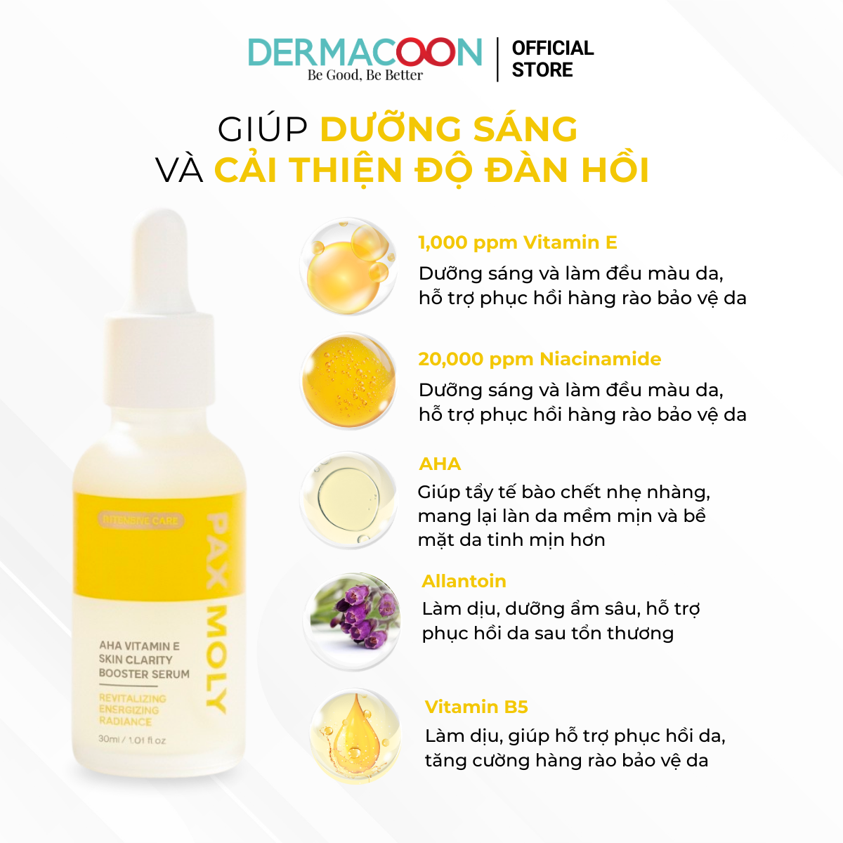 PAX MOLY AHA Vitamin E Skin Clarity Booster Serum Tinh chất giúp dưỡng sáng, cải thiện độ đàn hồi cho da
