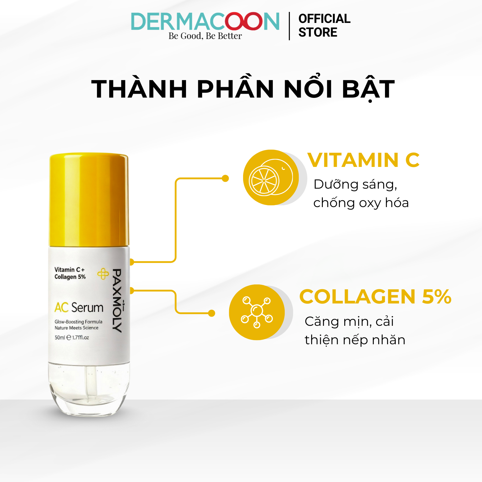 Tinh chất giúp dưỡng sáng và cải thiện độ đàn hồi da PAX MOLY Vitamin C + Collagen 5% AC Serum 50ml