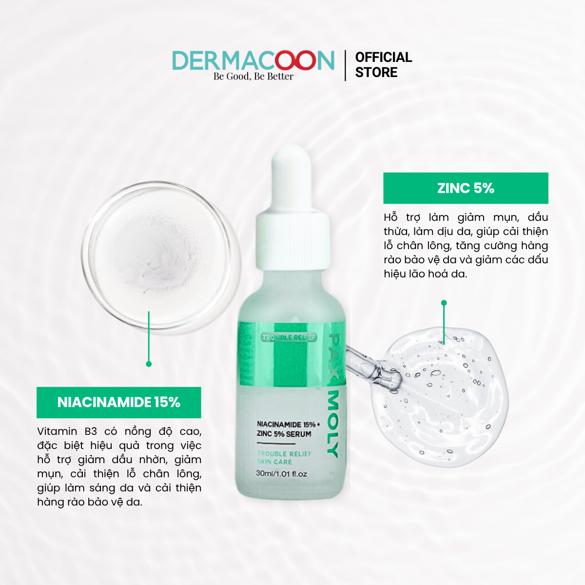 Tinh chất giúp kiểm soát dầu thừa và mờ thâm mụn PAX MOLY Niacinamide 15% + Zinc 5% Serum 30ml