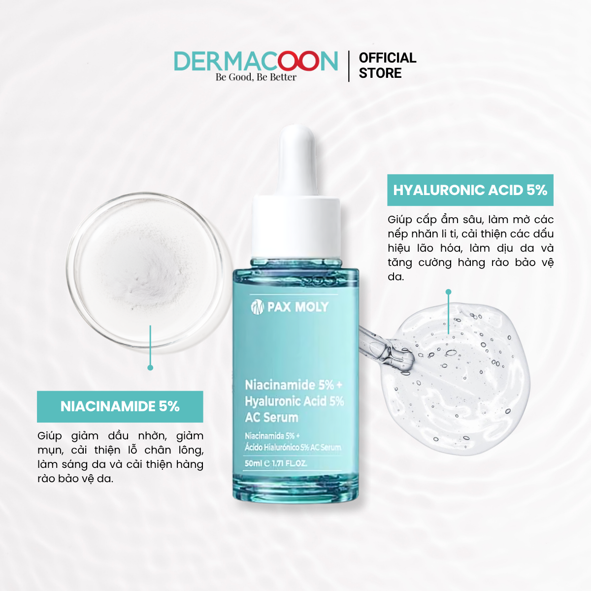 Tinh chất giúp dưỡng ẩm chuyên sâu và làm đều màu da PAX MOLY Niacinamide 5% + Hyaluronic Acid 5% AC Serum 50ml