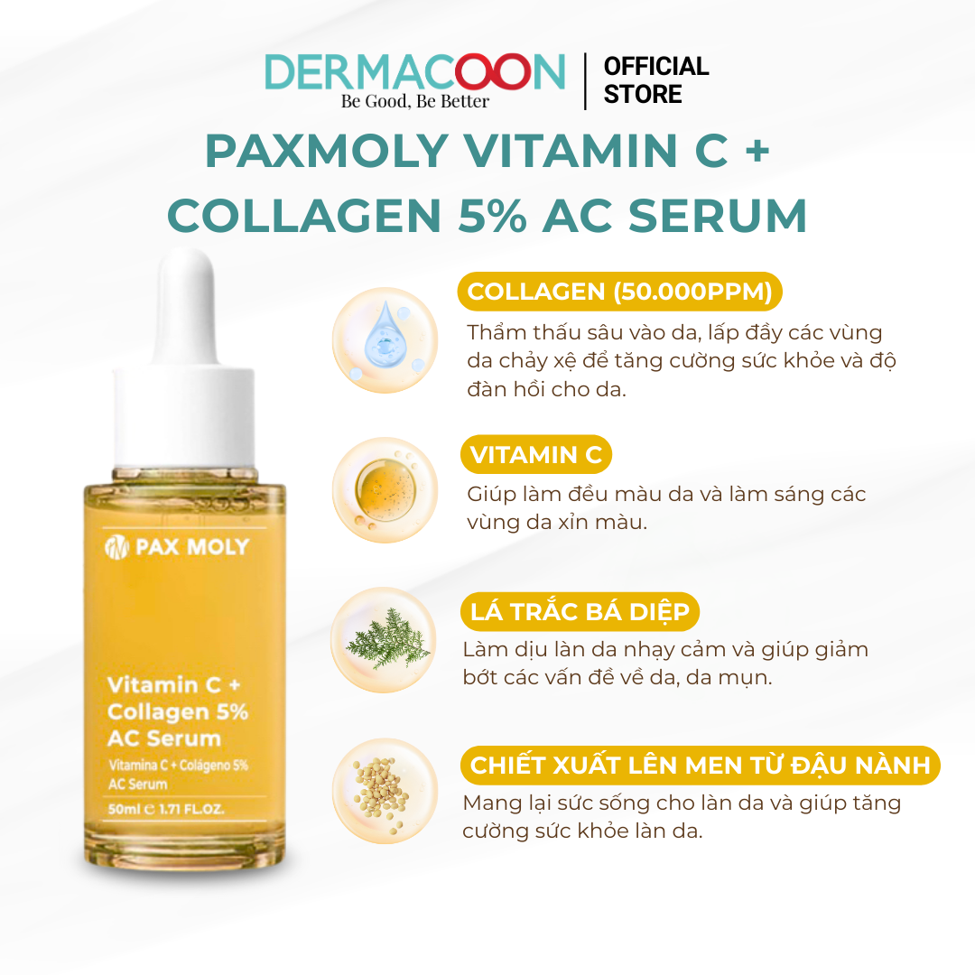 Tinh chất giúp dưỡng sáng và cải thiện độ đàn hồi da PAX MOLY Vitamin C + Collagen 5% AC Serum 50ml